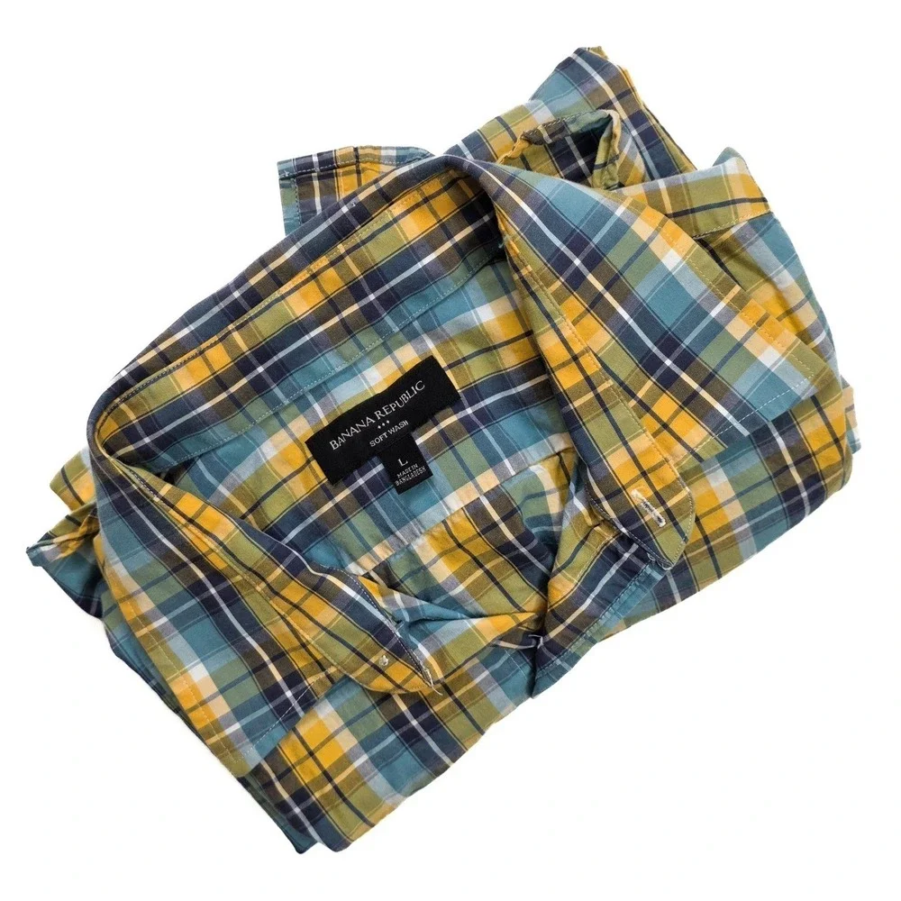 Banana Republic Soft Wash Yellow Blue Plaid Chest Pocket S/S‎ Shirt Men's Size L